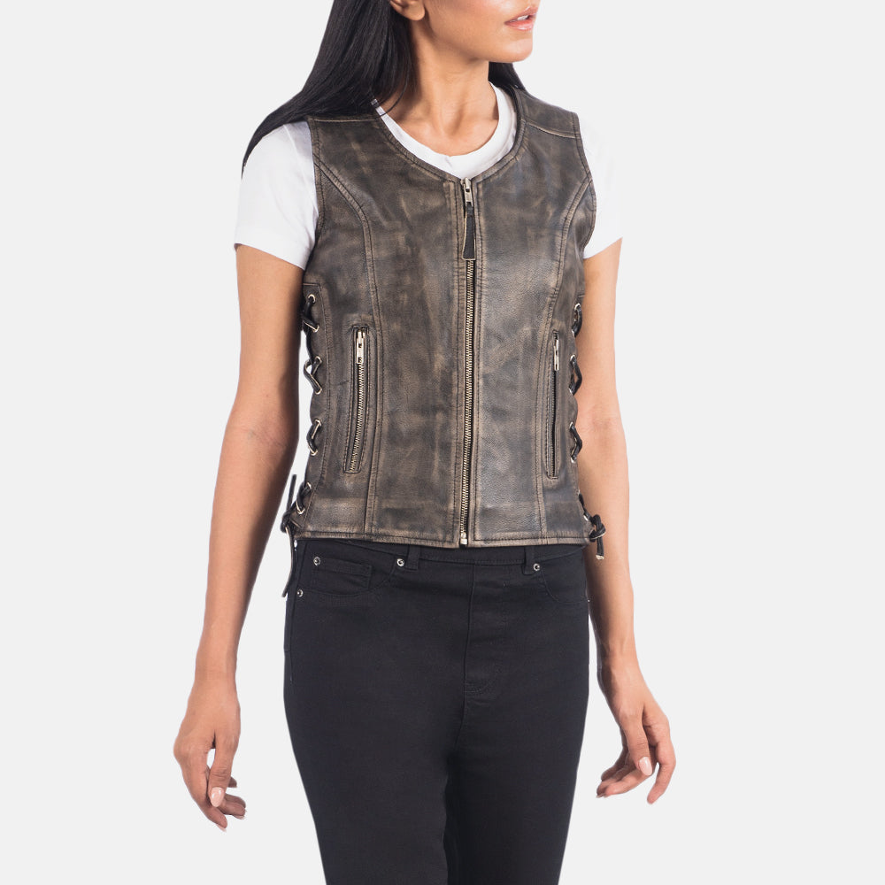 Brex Vanda Distressed Brown Leather Biker Vest - women's vest in brown goatskin leather, view 2