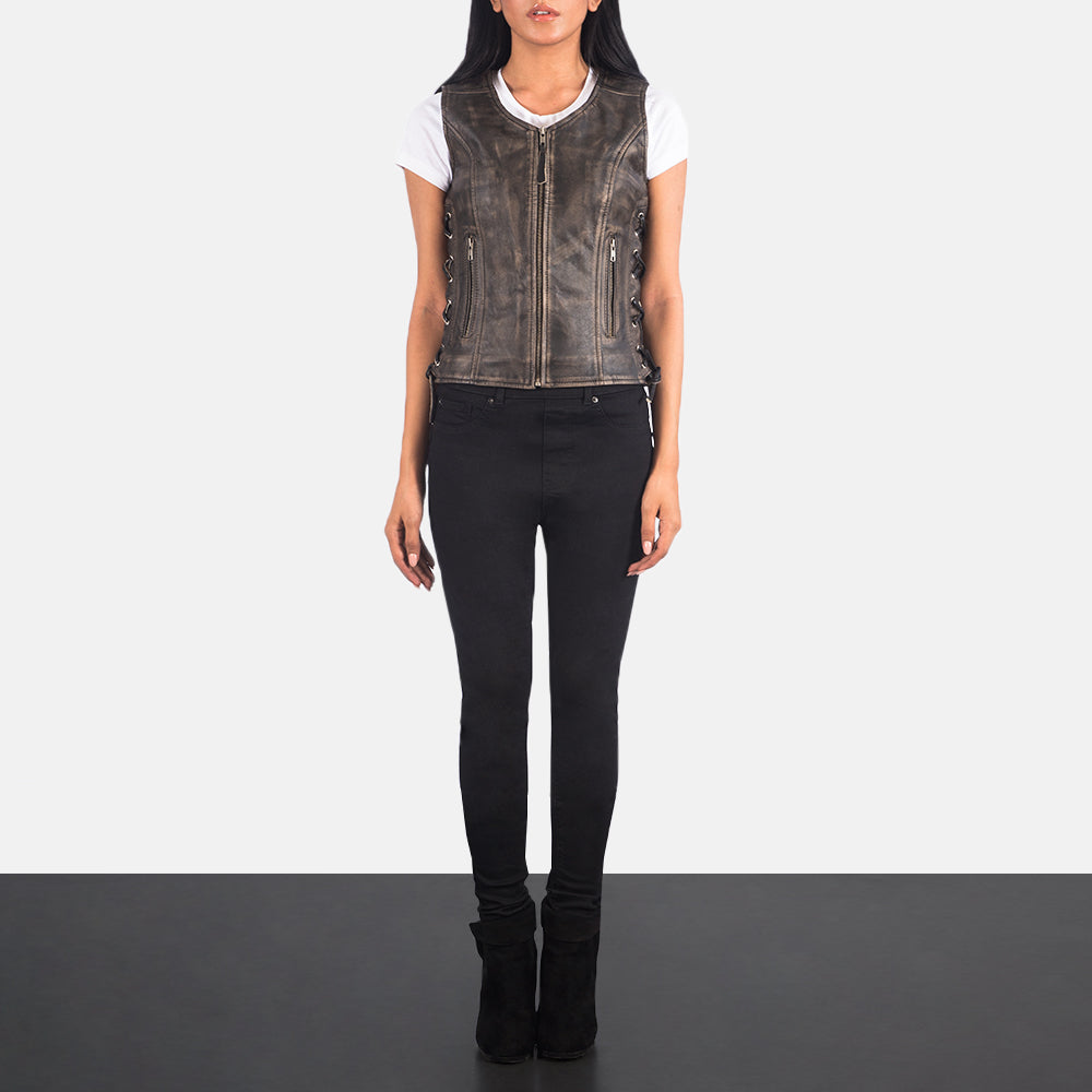 Brex Vanda Distressed Brown Leather Biker Vest - women's vest in brown goatskin leather, view 3