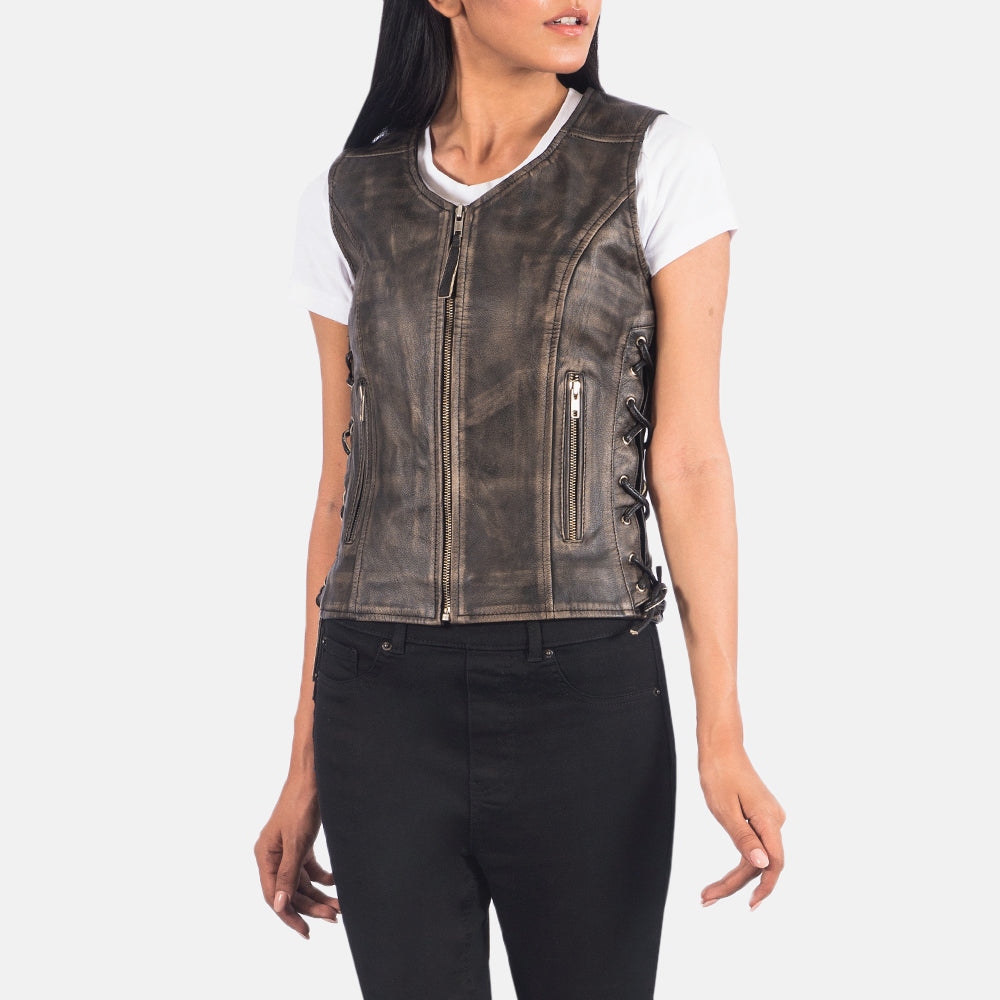 Brex Vanda Distressed Brown Leather Biker Vest - women's vest in brown goatskin leather, view 4