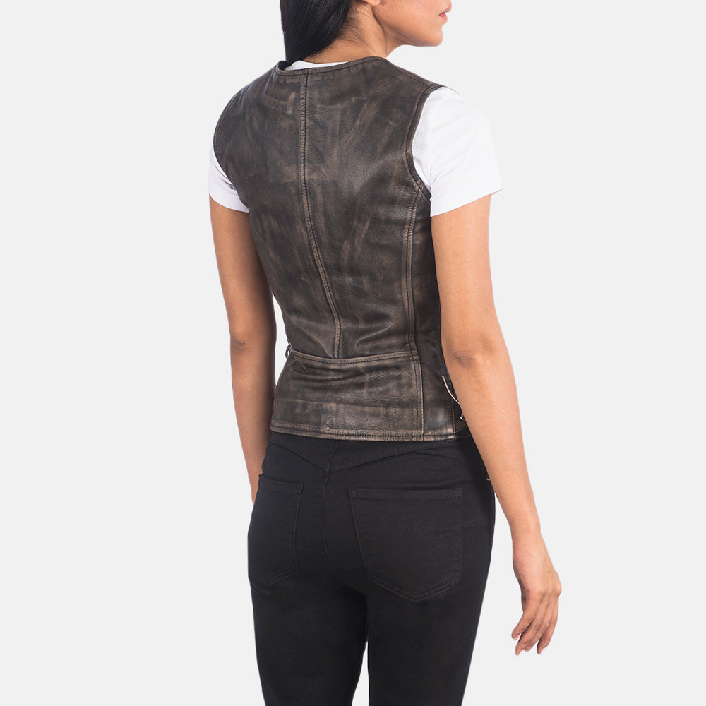 Brex Vanda Distressed Brown Leather Biker Vest - women's vest in brown goatskin leather, view 5