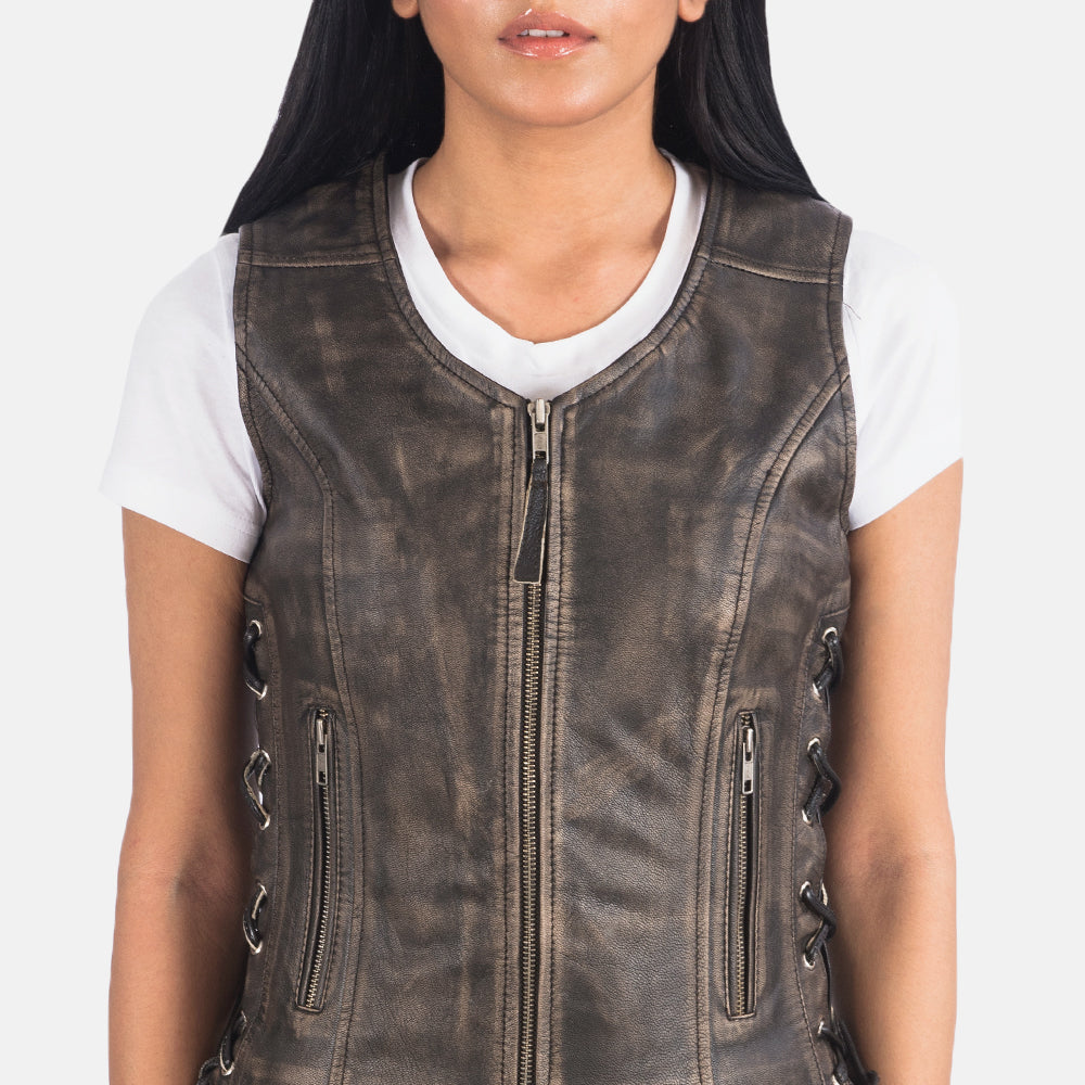 Brex Vanda Distressed Brown Leather Biker Vest - women's vest in brown goatskin leather, view 6