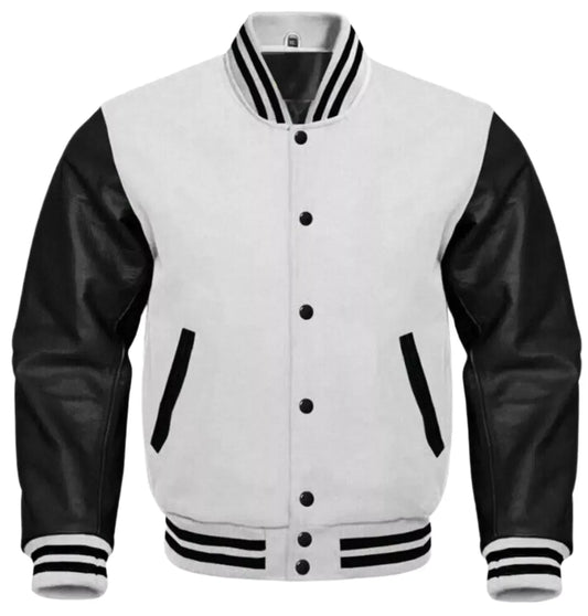 Brex Varsity Baseball College Lettermen Bomber White Wool & Black Leather Jacket - varsity letterman jacket, view 1