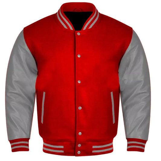 Brex Varsity Baseball College Lettermen Retro Bomber Red Wool & Grey Leather Jacket - varsity letterman jacket, view 1