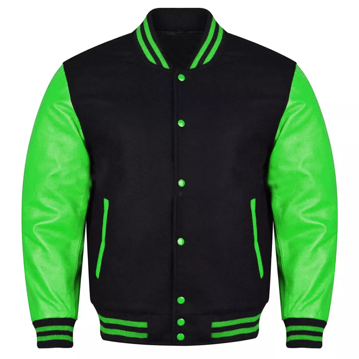 Brex Varsity Black Letterman Baseball Wool & Green Real Leather Sleeves Jacket - varsity letterman jacket, view 1