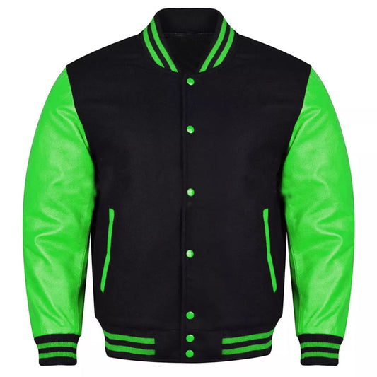 Brex Varsity Black Letterman Baseball Wool & Green Real Leather Sleeves Jacket - varsity letterman jacket, view 1