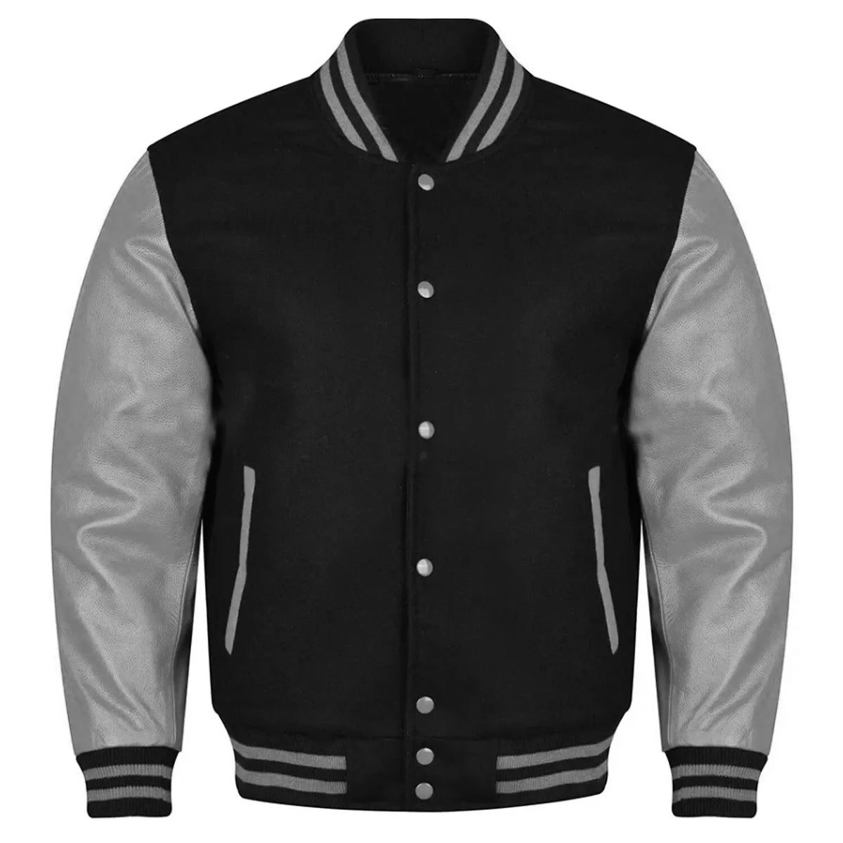 Brex Varsity Black Letterman Baseball Wool & Grey Real Leather Sleeves Jacket - varsity letterman jacket, view 1