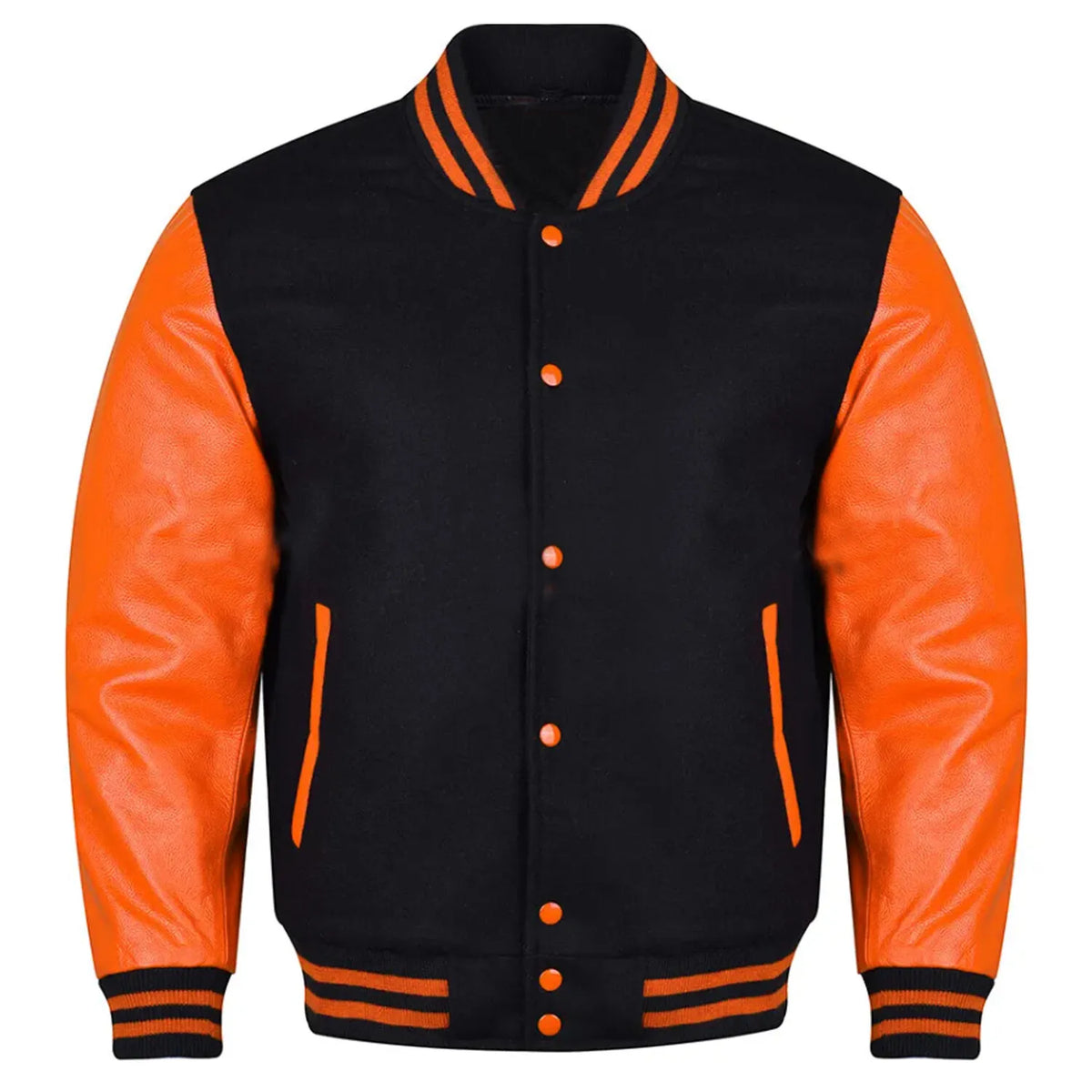 Brex Varsity Black Letterman Baseball Wool & Orange Real Leather Sleeves Jacket - varsity letterman jacket, view 1