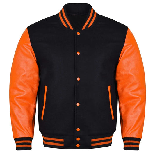 Brex Varsity Black Letterman Baseball Wool & Orange Real Leather Sleeves Jacket - varsity letterman jacket, view 1