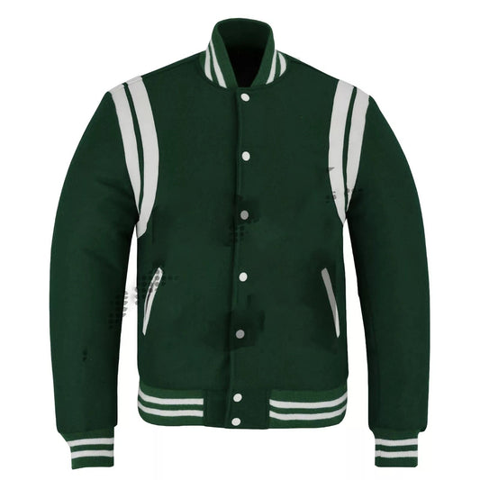 Brex Varsity Bomber Baseball Teddy F-Green Wool & White Leather Strips Stylish Jacket - varsity letterman jacket, view 1