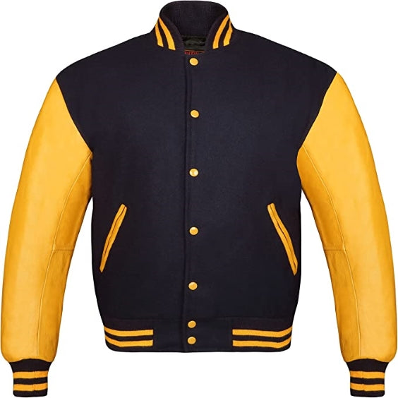Brex Varsity Bomber Letterman Retro Black Wool & Gold Real Leather Sleeves Jackets - varsity letterman jacket, view 1