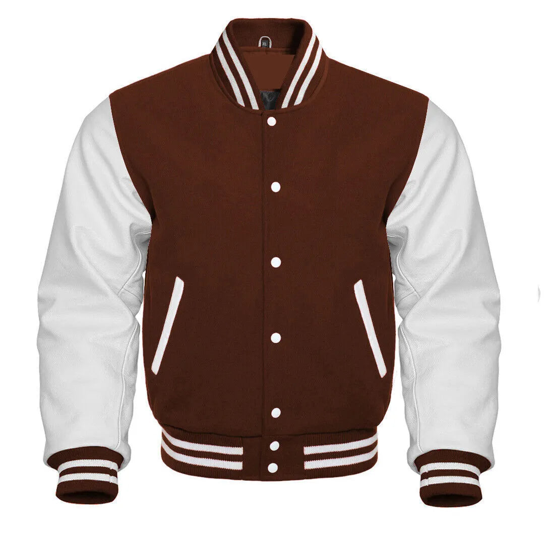Brex Varsity Brown Letterman Baseball Wool & White Real Leather Sleeves Jacket - varsity letterman jacket, view 1