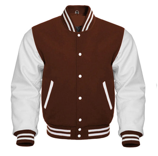 Brex Varsity Brown Letterman Baseball Wool & White Real Leather Sleeves Jacket - varsity letterman jacket, view 1