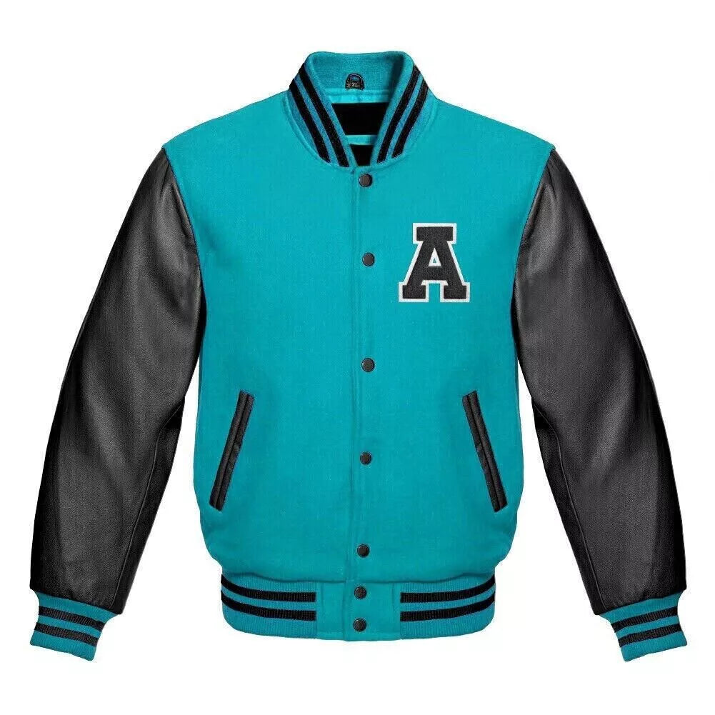 Brex Varsity Letterman Baseball Jacket With Aqua Blue Wool And Genuine Leather Sleeve - varsity letterman jacket, view 1