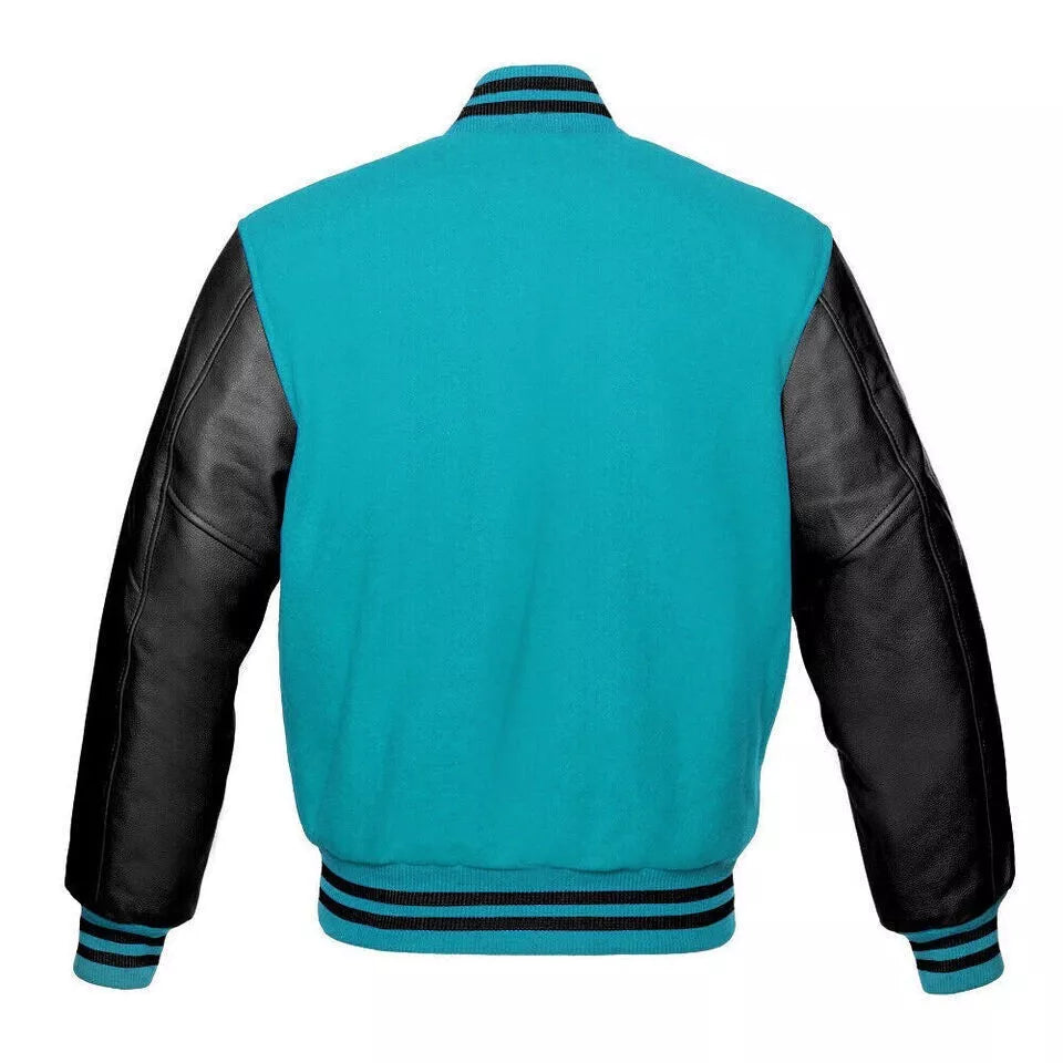 Brex Varsity Letterman Baseball Jacket With Aqua Blue Wool And Genuine Leather Sleeve - varsity letterman jacket, view 2