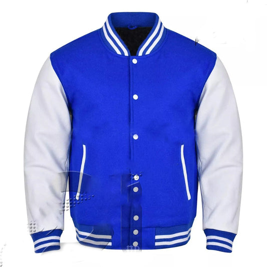 Brex Varsity Letterman Bomber Royal Wool & White Leather Sleeves Jackets - varsity letterman jacket, view 1