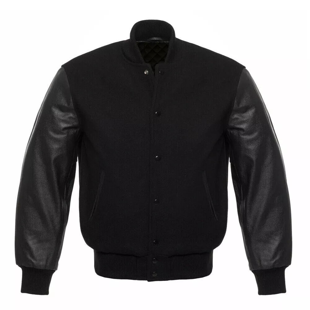 Brex Varsity Letterman Solid Black Wool Genuine Leather Sleeves bomber college Jacket - varsity letterman jacket, view 1