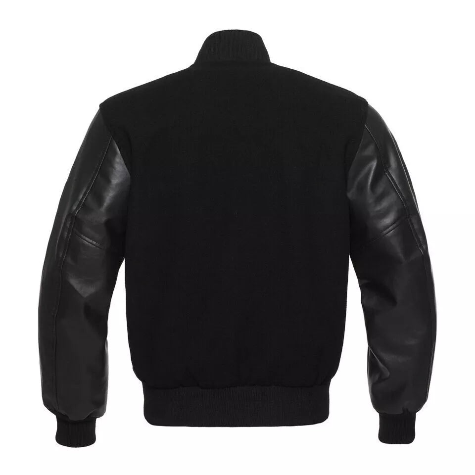 Brex Varsity Letterman Solid Black Wool Genuine Leather Sleeves bomber college Jacket - varsity letterman jacket, view 2