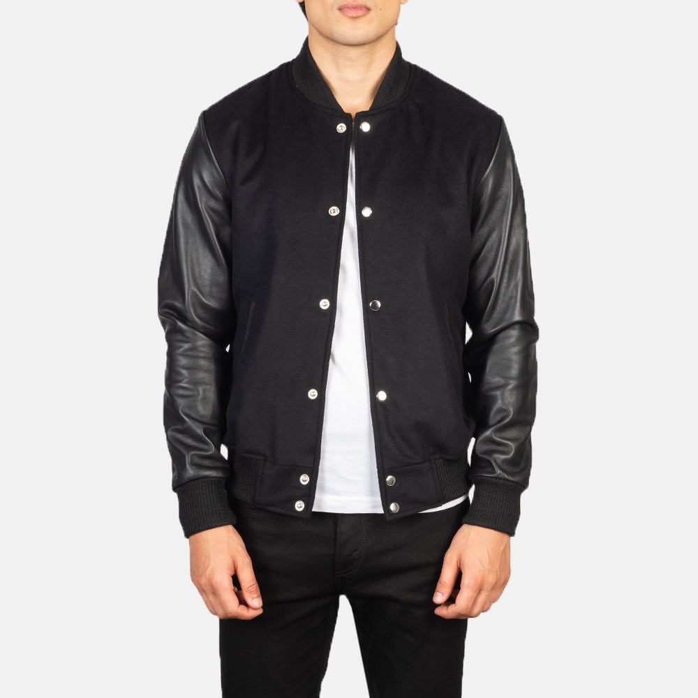 Vaxton Black Hybrid Varsity Jacket - men's jacket in black sheepskin leather, view 1
