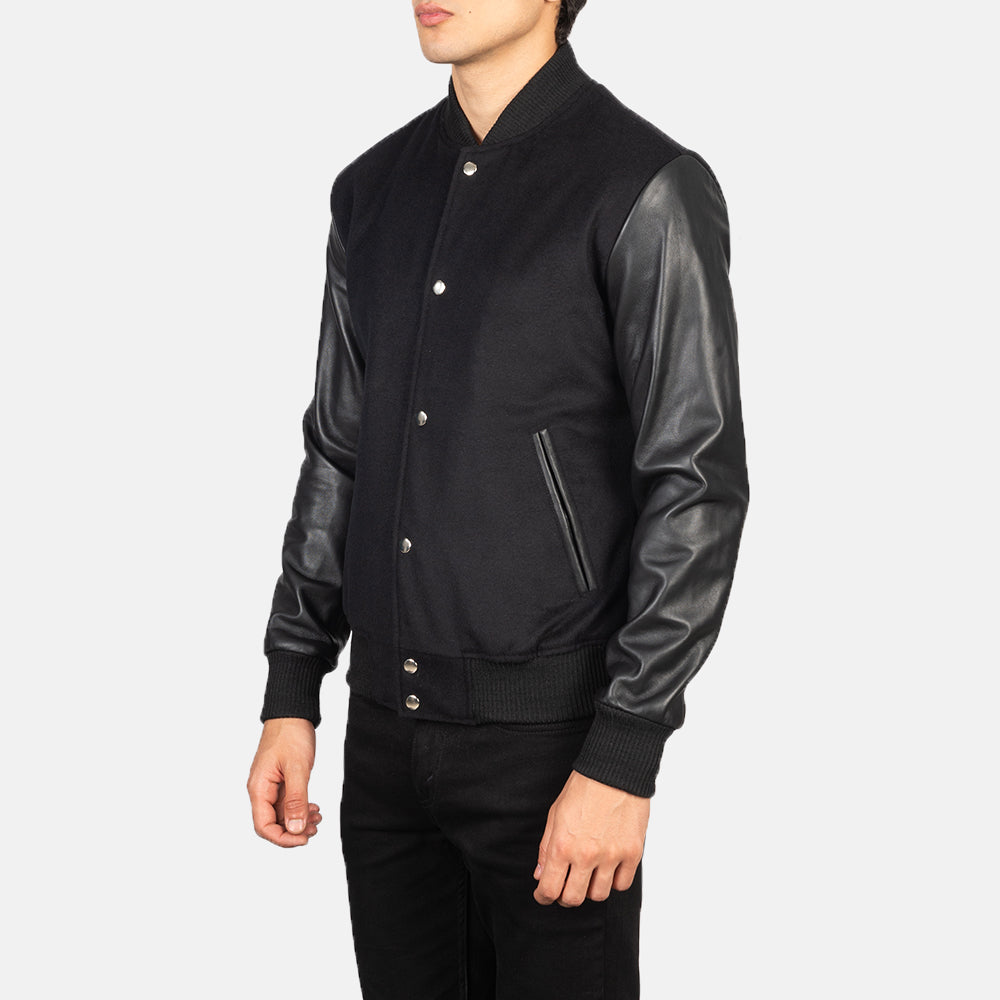 Vaxton Black Hybrid Varsity Jacket - men's jacket in black sheepskin leather, view 2