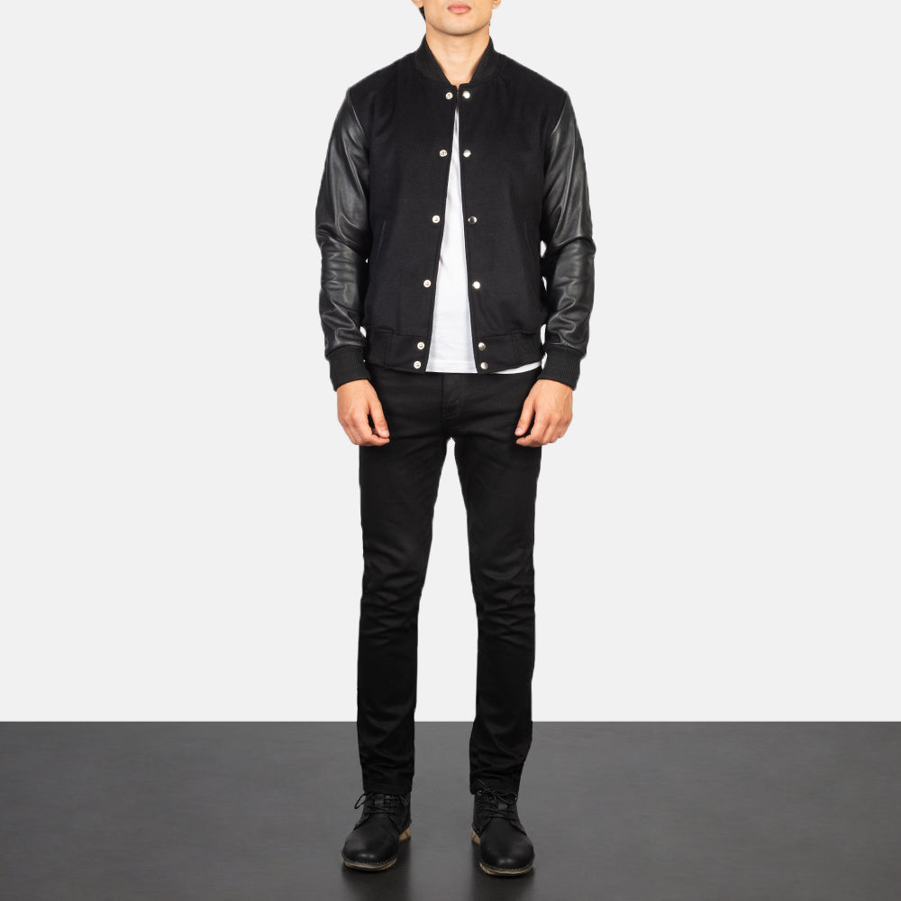 Vaxton Black Hybrid Varsity Jacket - men's jacket in black sheepskin leather, view 3