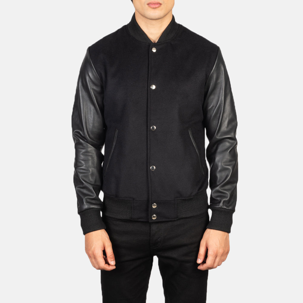 Vaxton Black Hybrid Varsity Jacket - men's jacket in black sheepskin leather, view 4