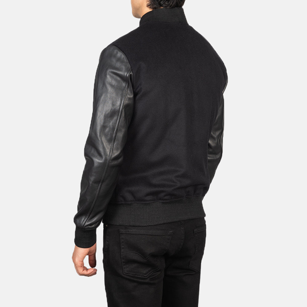 Vaxton Black Hybrid Varsity Jacket - men's jacket in black sheepskin leather, view 5