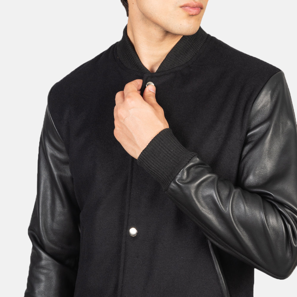 Vaxton Black Hybrid Varsity Jacket - men's jacket in black sheepskin leather, view 6