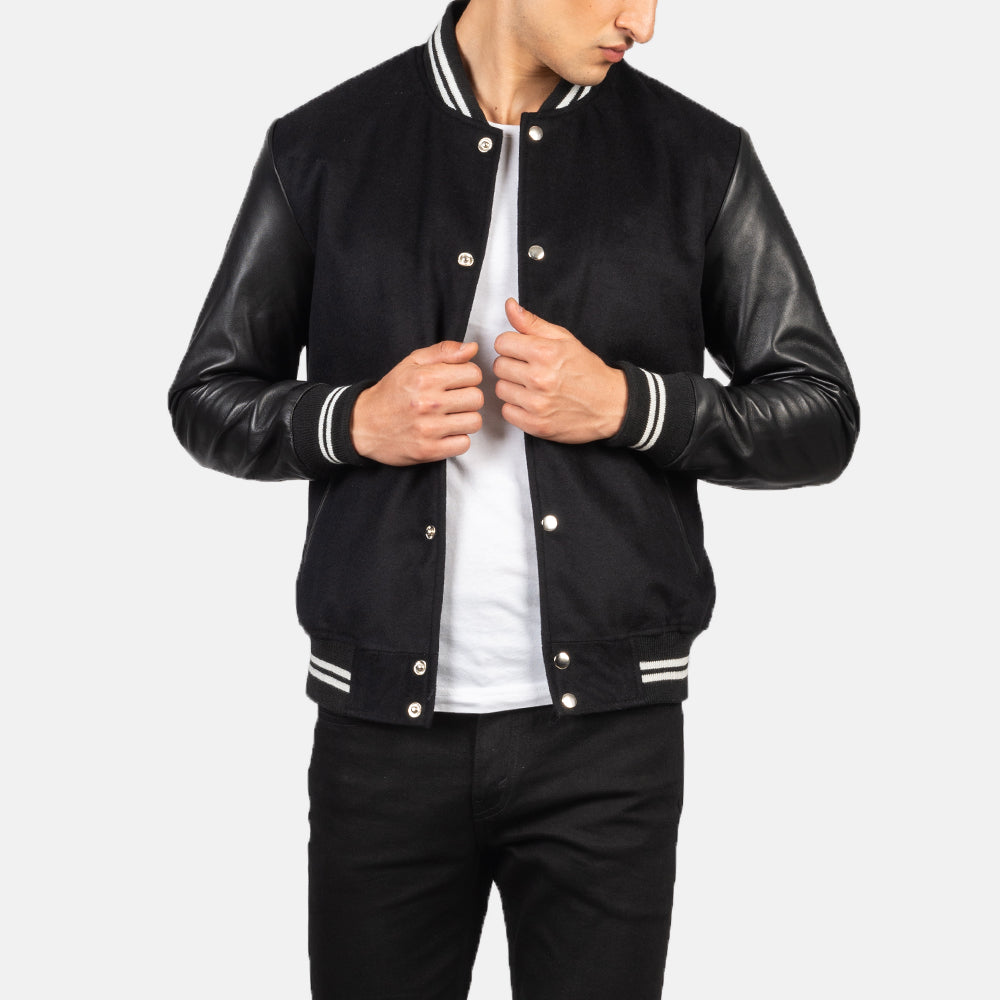 Vaxton Black Striped Hybrid Varsity Jacket - men's jacket in black sheepskin leather, view 1