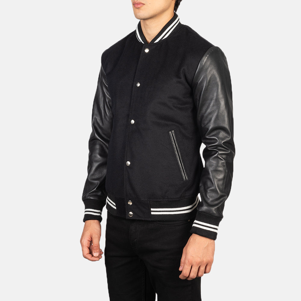Vaxton Black Striped Hybrid Varsity Jacket - men's jacket in black sheepskin leather, view 2