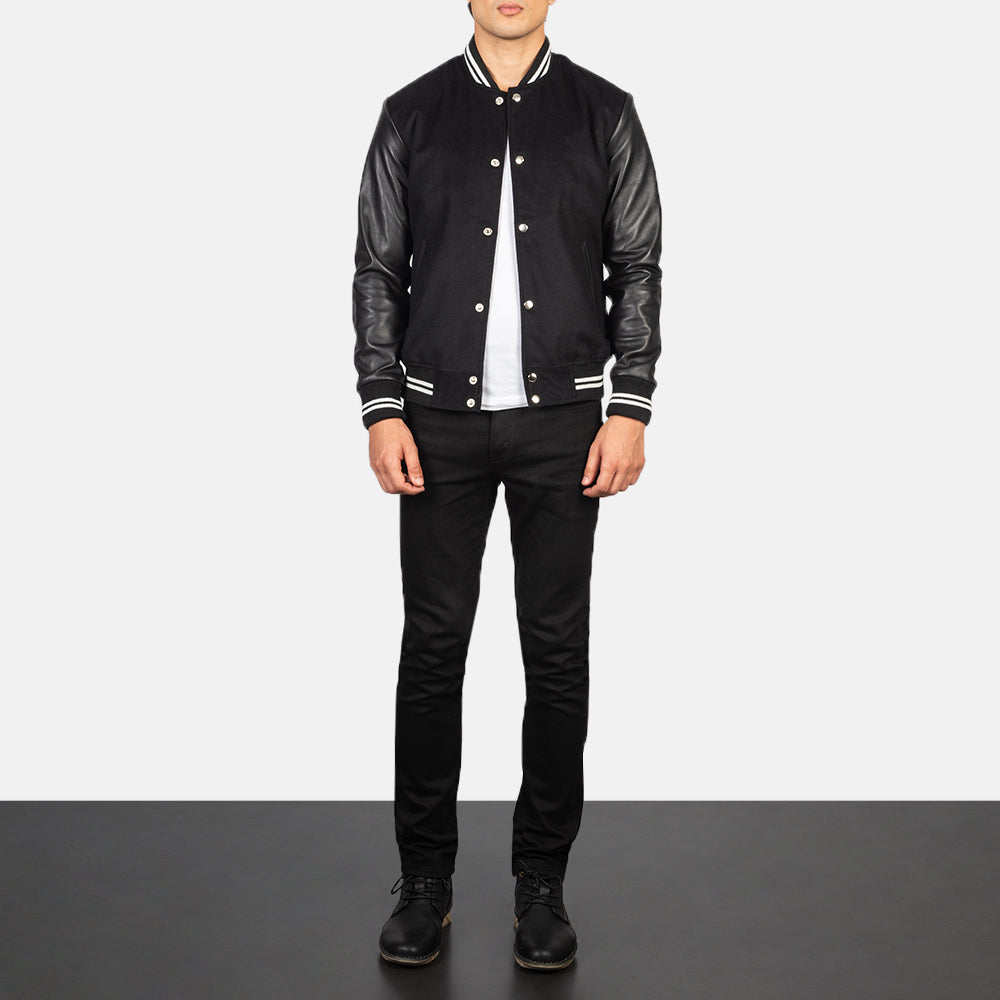 Vaxton Black Striped Hybrid Varsity Jacket - men's jacket in black sheepskin leather, view 3