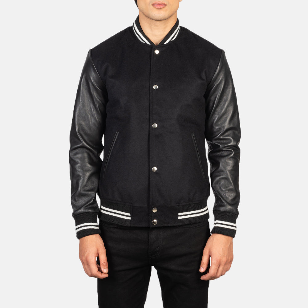 Vaxton Black Striped Hybrid Varsity Jacket - men's jacket in black sheepskin leather, view 4