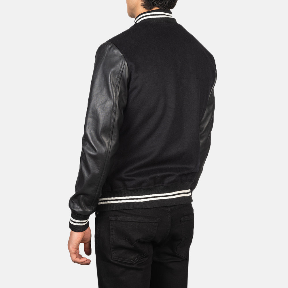Vaxton Black Striped Hybrid Varsity Jacket - men's jacket in black sheepskin leather, view 5