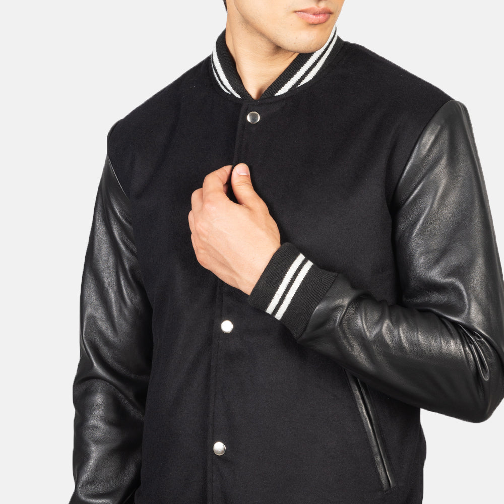 Vaxton Black Striped Hybrid Varsity Jacket - men's jacket in black sheepskin leather, view 6