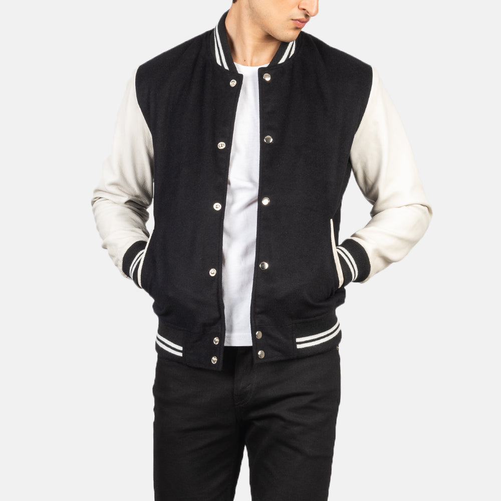 Vaxton Black & White Hybrid Varsity Jacket - men's jacket in black & white sheepskin leather, view 1