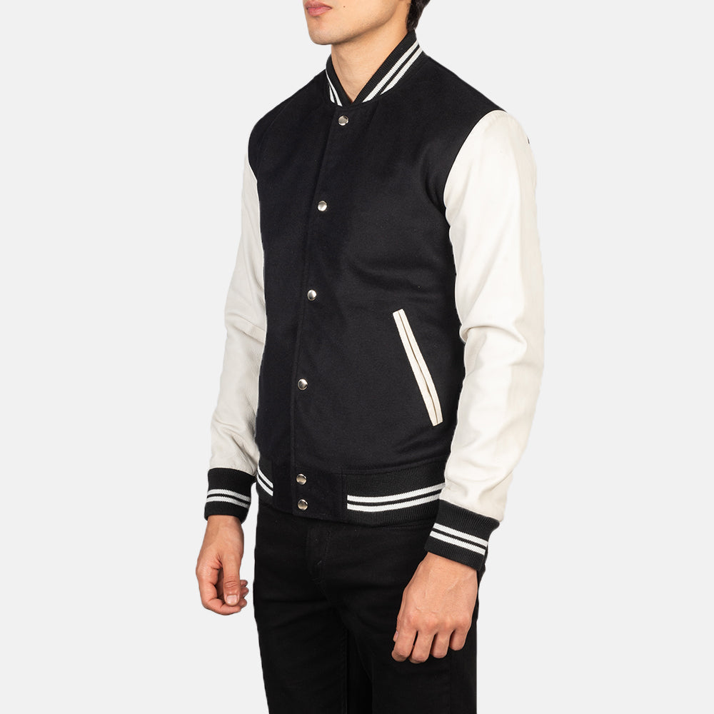 Vaxton Black & White Hybrid Varsity Jacket - men's jacket in black & white sheepskin leather, view 2