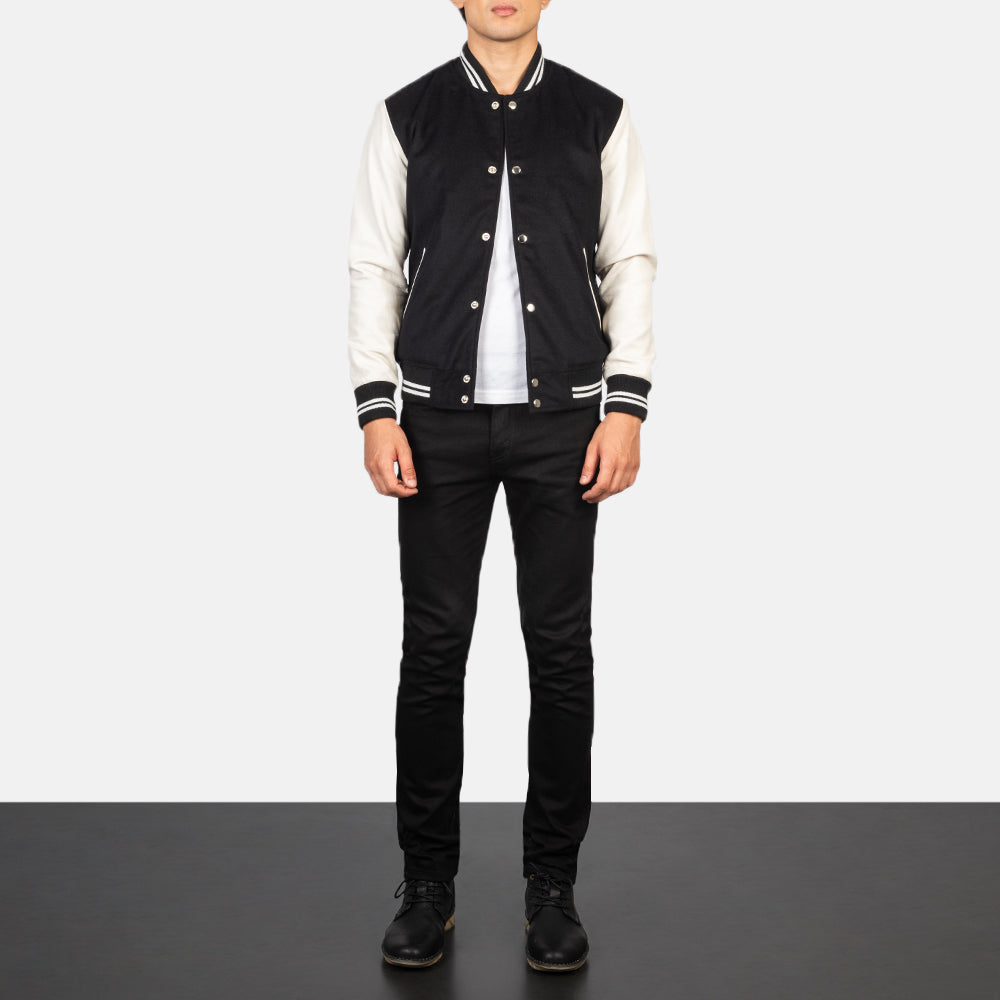 Vaxton Black & White Hybrid Varsity Jacket - men's jacket in black & white sheepskin leather, view 3