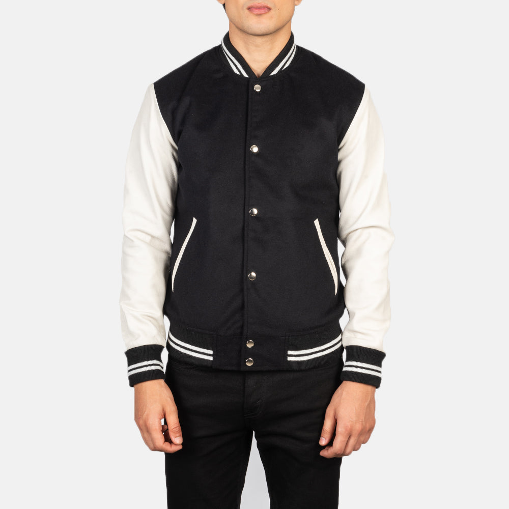 Vaxton Black & White Hybrid Varsity Jacket - men's jacket in black & white sheepskin leather, view 4