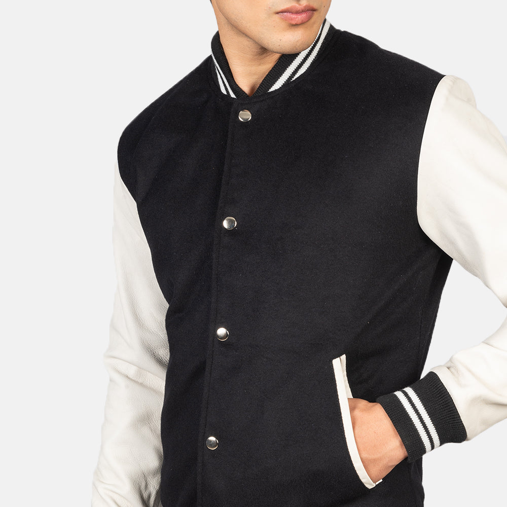 Vaxton Black & White Hybrid Varsity Jacket - men's jacket in black & white sheepskin leather, view 6