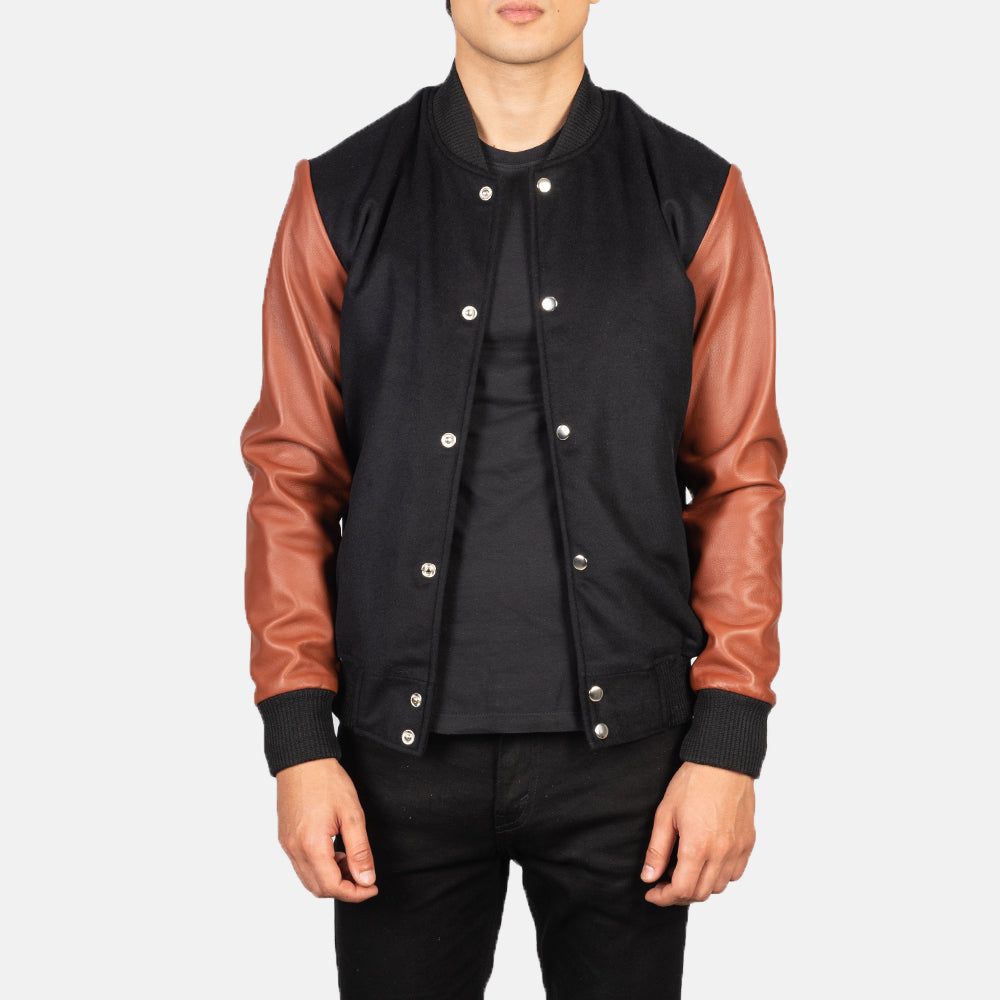 Vaxton Brown & Black Hybrid Varsity Jacket - men's jacket in black & brown sheepskin leather, view 1