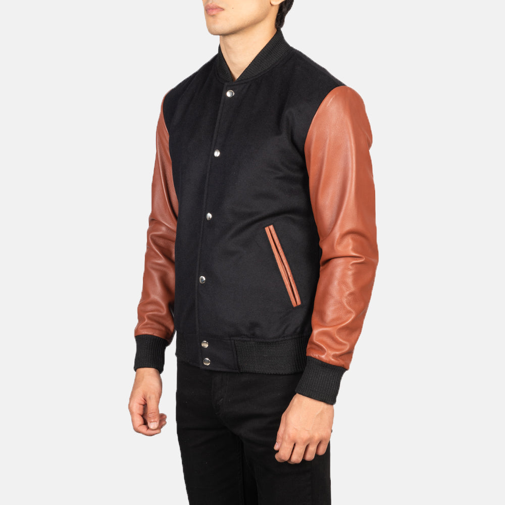 Vaxton Brown & Black Hybrid Varsity Jacket - men's jacket in black & brown sheepskin leather, view 2