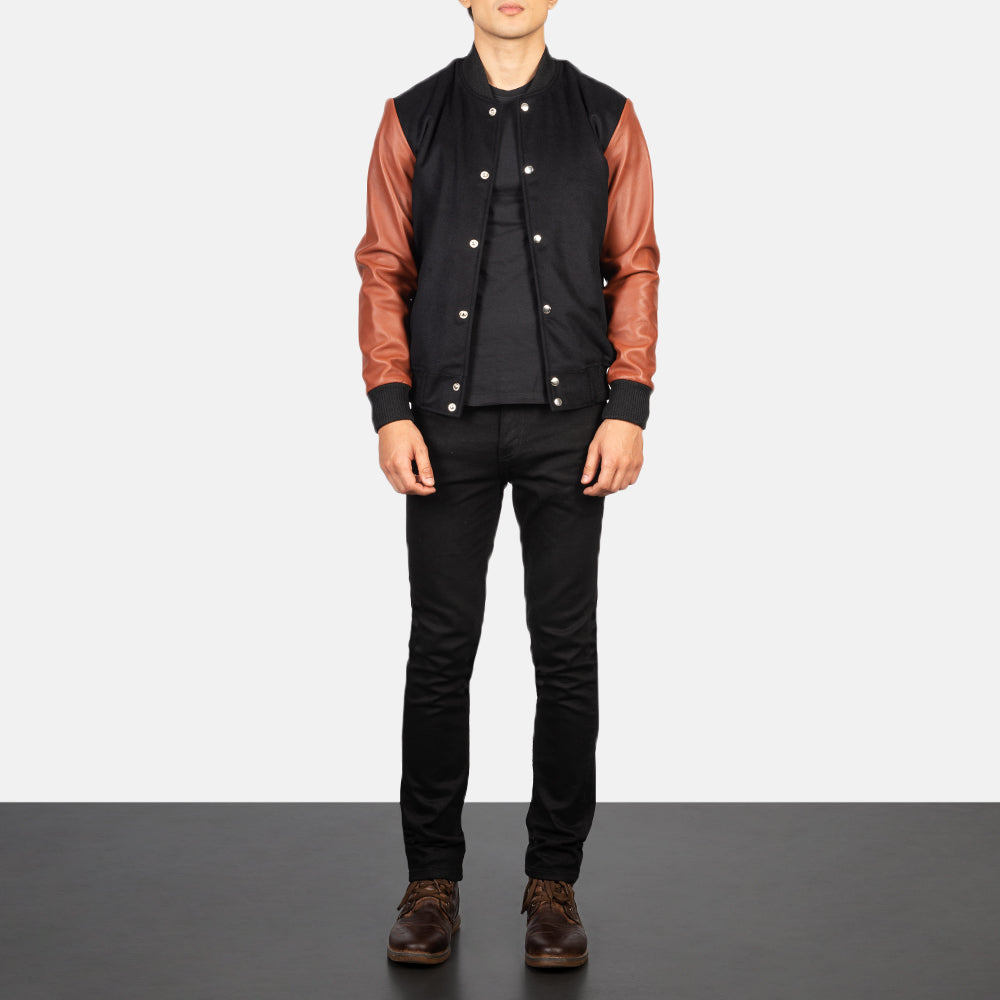 Vaxton Brown & Black Hybrid Varsity Jacket - men's jacket in black & brown sheepskin leather, view 3