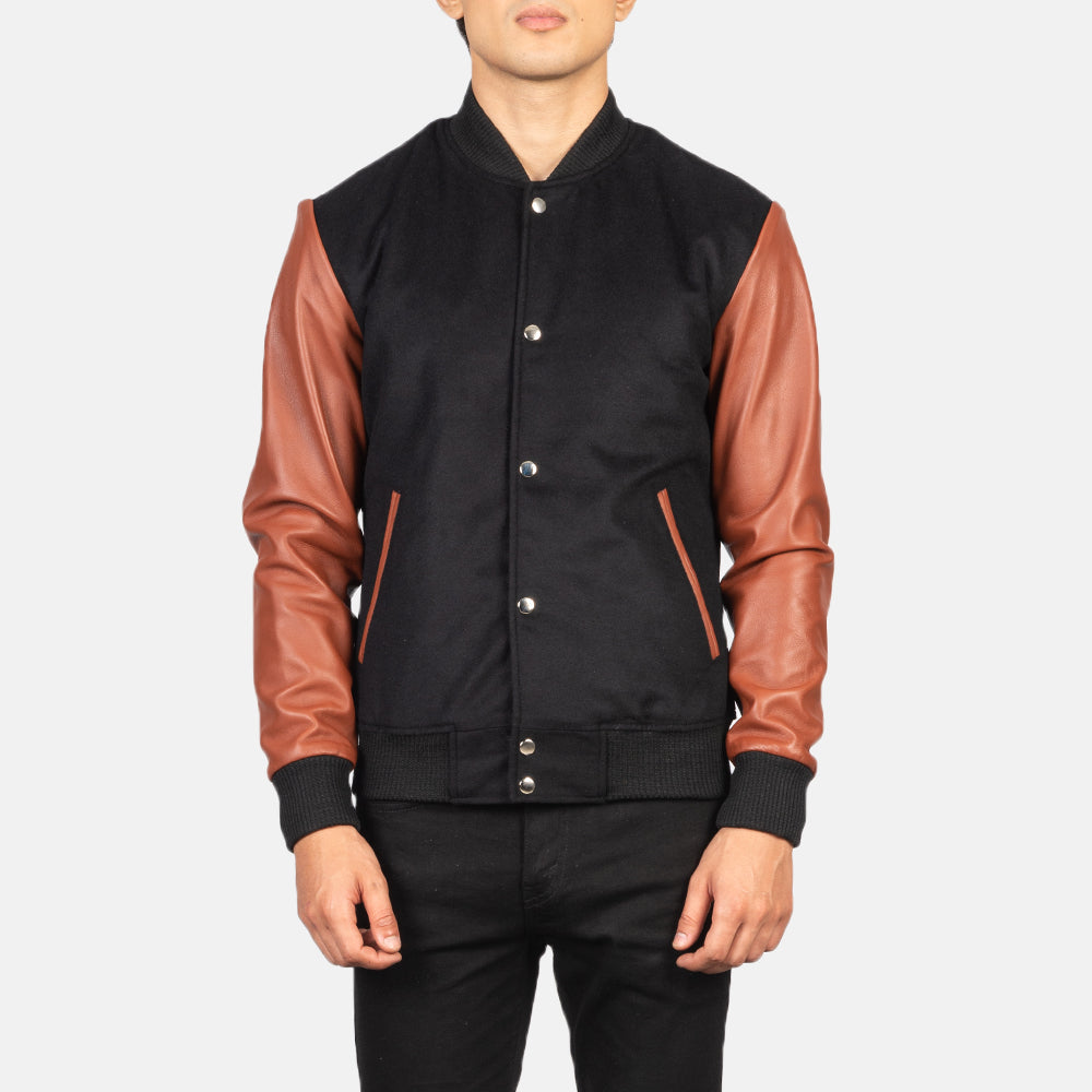 Vaxton Brown & Black Hybrid Varsity Jacket - men's jacket in black & brown sheepskin leather, view 4