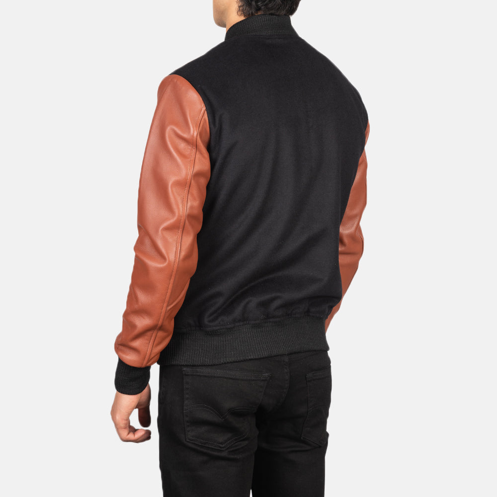 Vaxton Brown & Black Hybrid Varsity Jacket - men's jacket in black & brown sheepskin leather, view 5