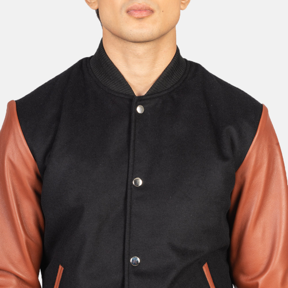 Vaxton Brown & Black Hybrid Varsity Jacket - men's jacket in black & brown sheepskin leather, view 6