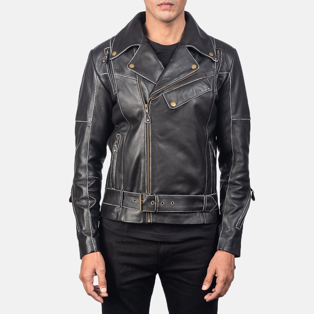 Vincent Black Leather Biker Jacket - men's jacket in black cowhide leather, view 1