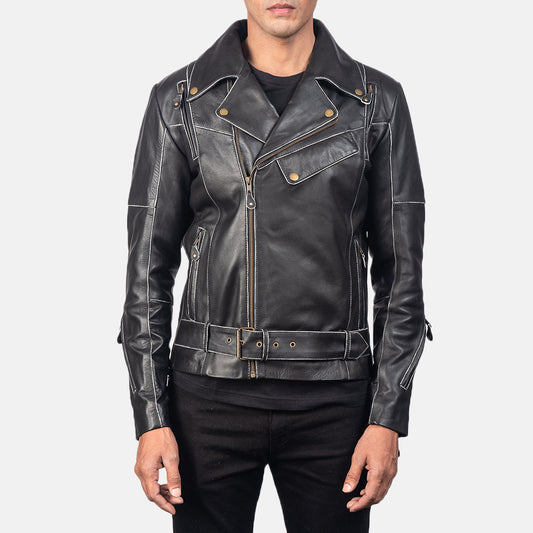 Vincent Black Leather Biker Jacket - men's jacket in black cowhide leather, view 1