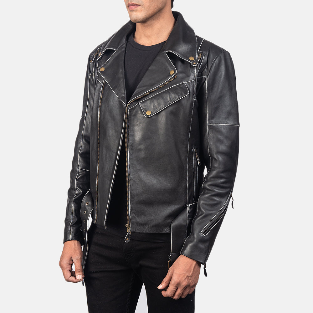 Vincent Black Leather Biker Jacket - men's jacket in black cowhide leather, view 2