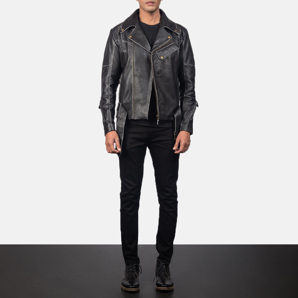 Vincent Black Leather Biker Jacket - men's jacket in black cowhide leather, view 3