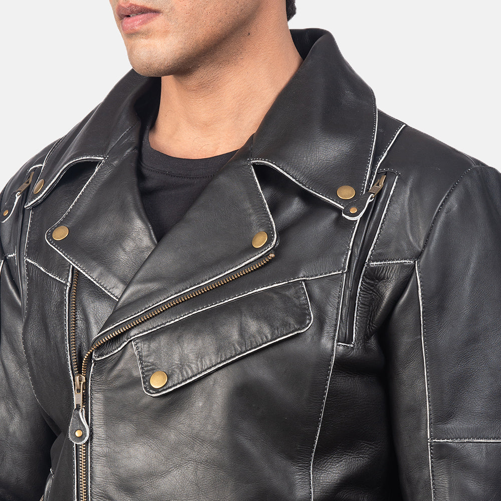 Vincent Black Leather Biker Jacket - men's jacket in black cowhide leather, view 4