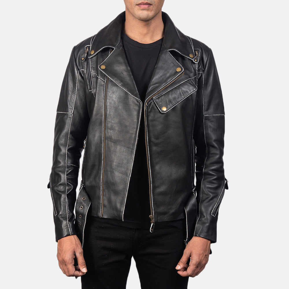 Vincent Black Leather Biker Jacket - men's jacket in black cowhide leather, view 5